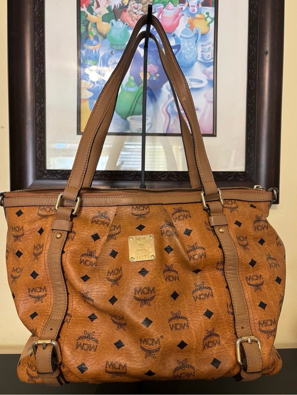 MCM Large Visetos Cognac Shopper Tote Shoulder Bag Gold Logo Plaque Leather Trim